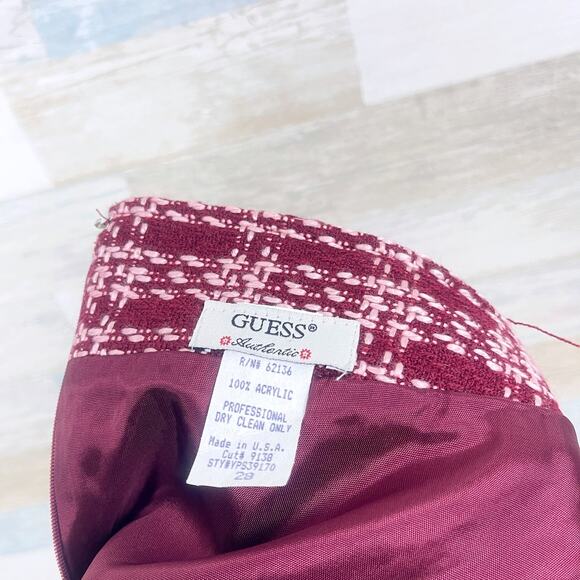 GUESS Vintage 90s Tweed Fringe Trumpet Skirt Red Pink Plaid Clueless Womens 28 - Picture 5 of 5